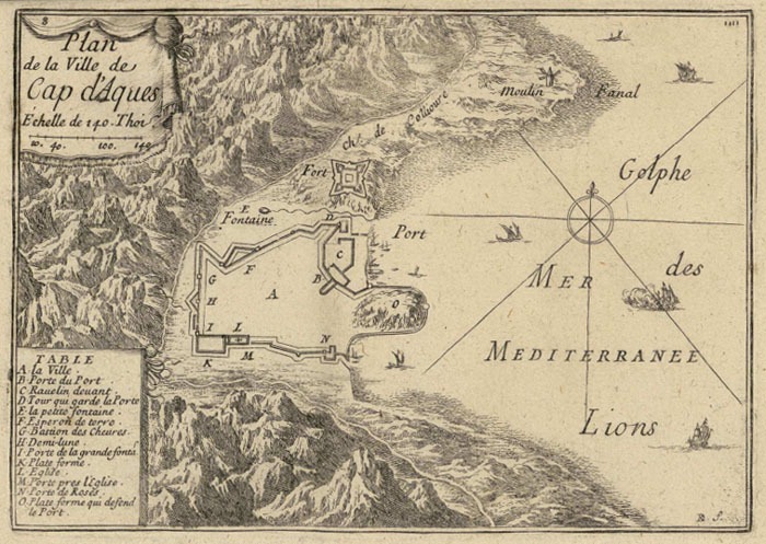 Grabado de 1655: plano de la villa amurallada de Cadaqués (Cap de Quiers), por Sébastien de Beaulieu